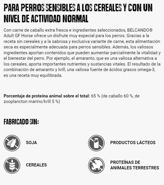 Pienso sin cereales para perros adultos sensibles. BELCANDO Grain Free Horse con carne fresca de caballo y krill. Compra online con envío gratis en Gran Canaria desde 30 €. Entrega en Canarias y España.