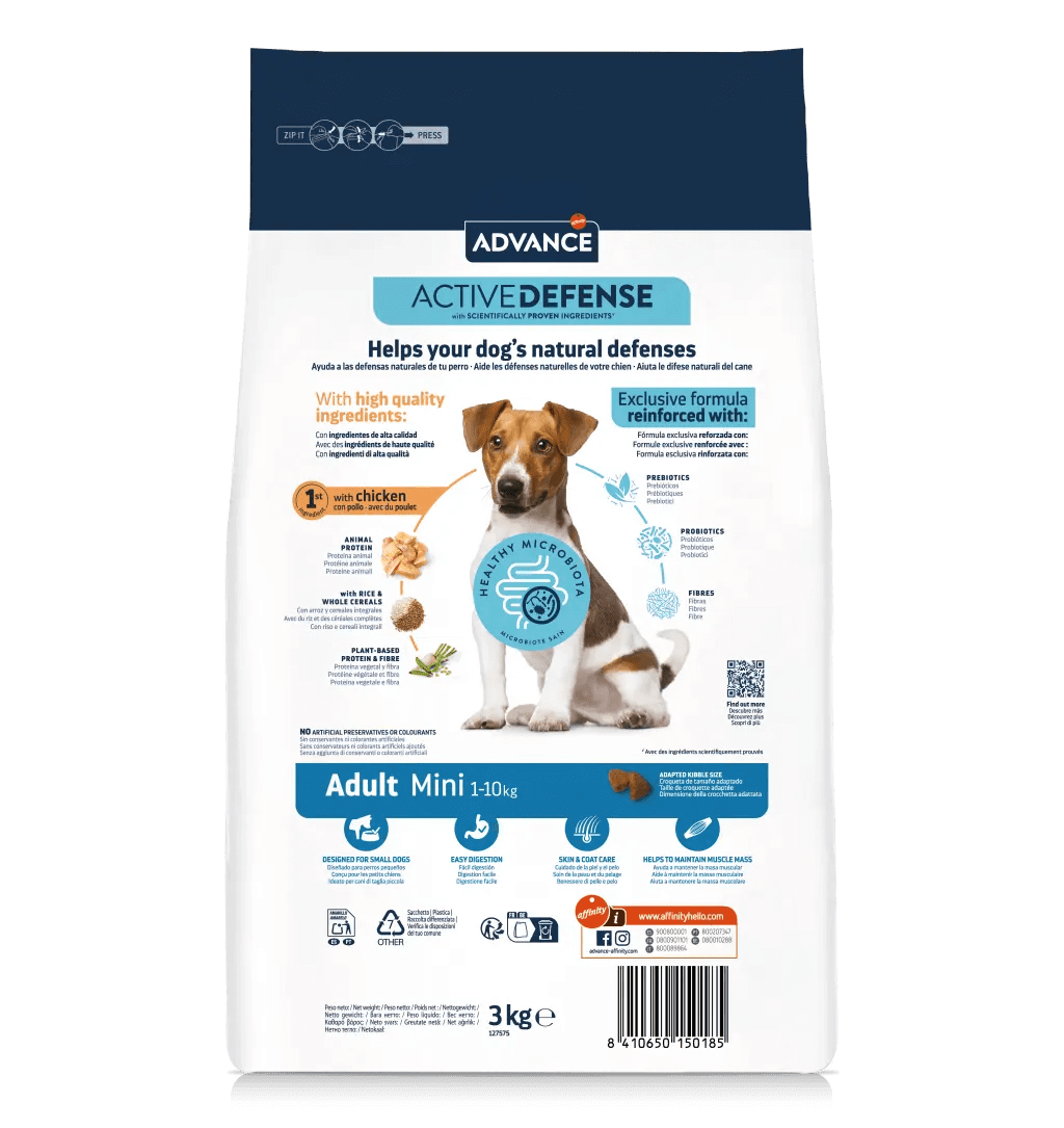 Saco de pienso ADVANCE Adult Mini con pollo y arroz para perros adultos de razas pequeñas.