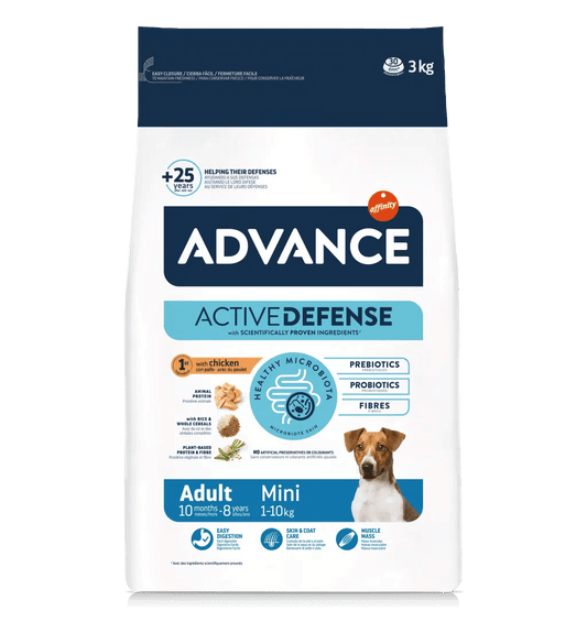 Saco de pienso ADVANCE Adult Mini con pollo y arroz para perros adultos de razas pequeñas.