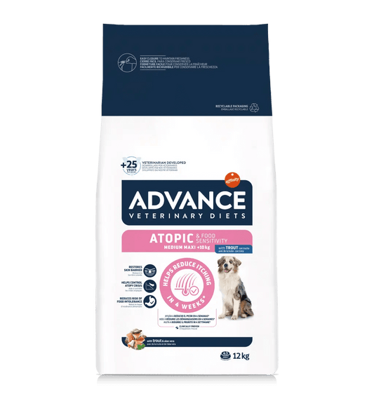 Saco de pienso veterinario ADVANCE Atopic Medium/Maxi con trucha para perros medianos y grandes.