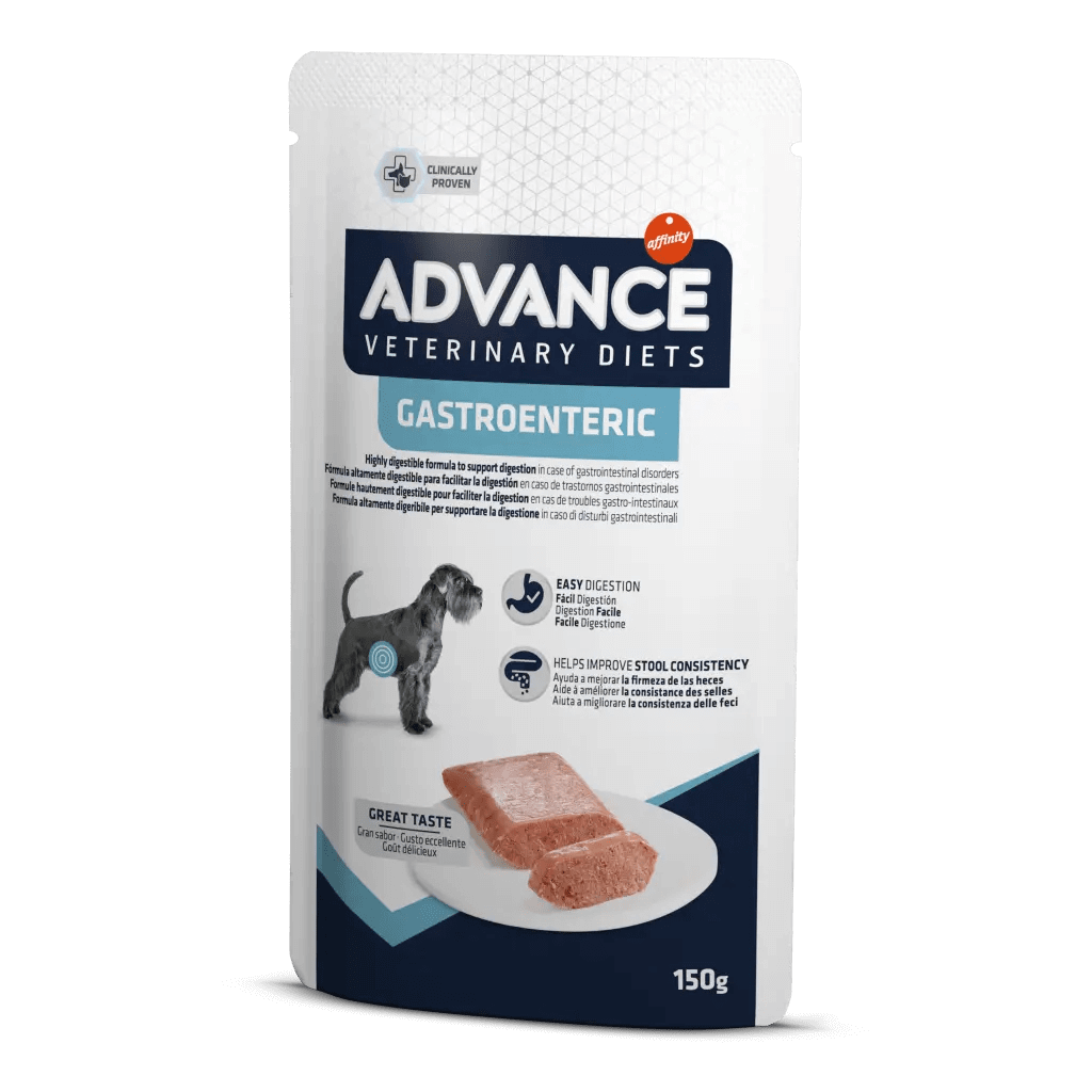 ADVANCE Gastroenteric Adult – comida húmeda veterinaria digestiva para perros adultos y cachorros mayores de 14 semanas. Pack 8 x 150 g, disponible en Gabo y Gordo E Shop.