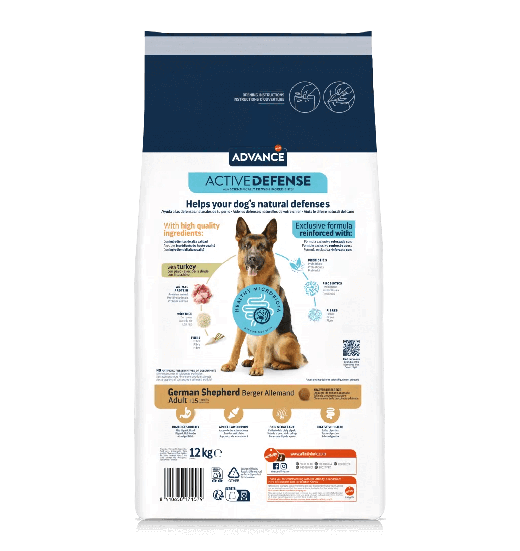 Saco de 12 kg de pienso ADVANCE German Shepherd para perros Pastor Alemán adultos.
