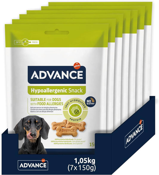 Envase de 150 g de ADVANCE Hypoallergenic Snack, premios hipoalergénicos para perros.