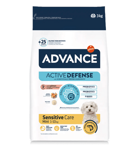 Saco de pienso ADVANCE Mini Sensitive con salmón y arroz para perros adultos de razas pequeñas.