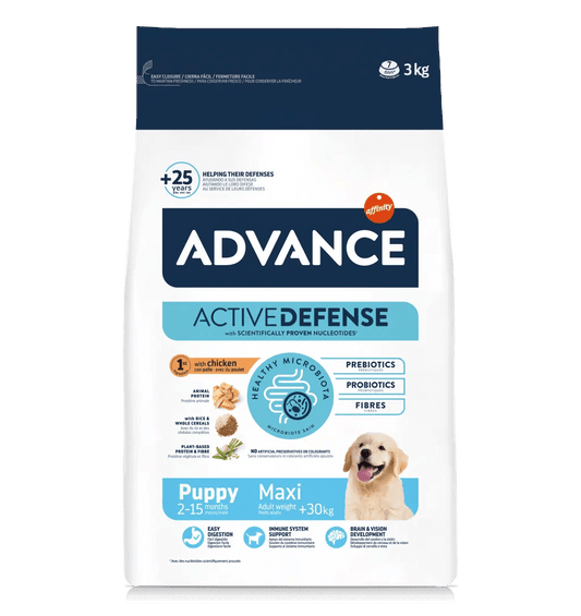 Saco de pienso ADVANCE Puppy Maxi con pollo y arroz para cachorros de razas grandes.