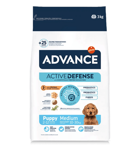 Saco de pienso ADVANCE Puppy Medium con pollo para cachorros de razas medianas.