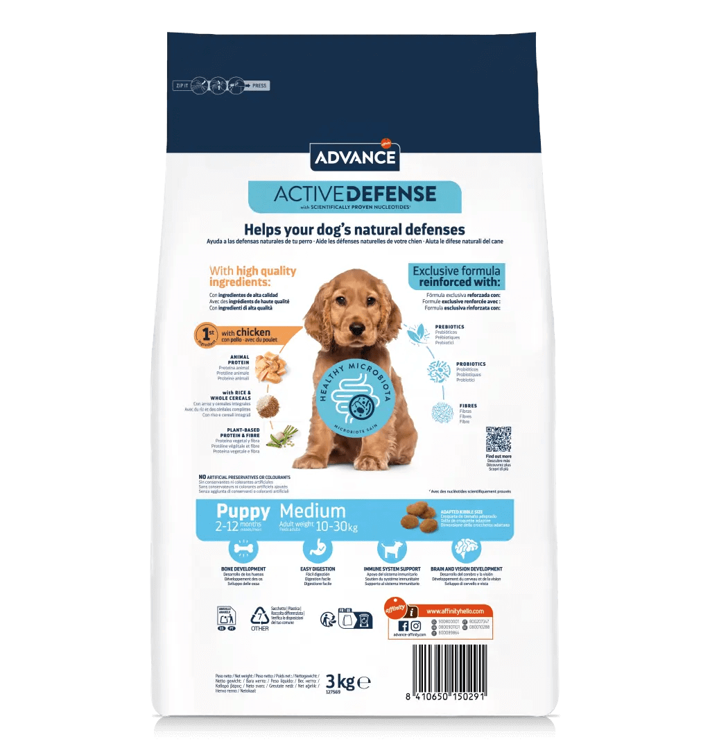 Saco de pienso ADVANCE Puppy Medium con pollo para cachorros de razas medianas.