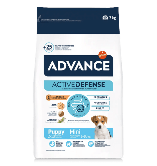 Saco de pienso ADVANCE Puppy Mini para cachorros de razas pequeñas.