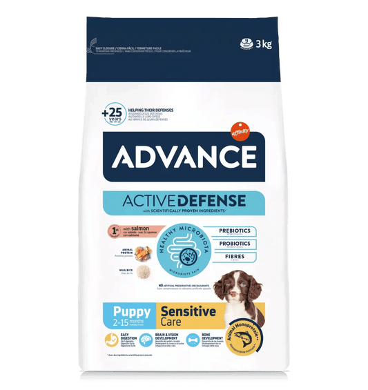 Saco de pienso ADVANCE Puppy Sensitive con salmón y arroz para cachorros.