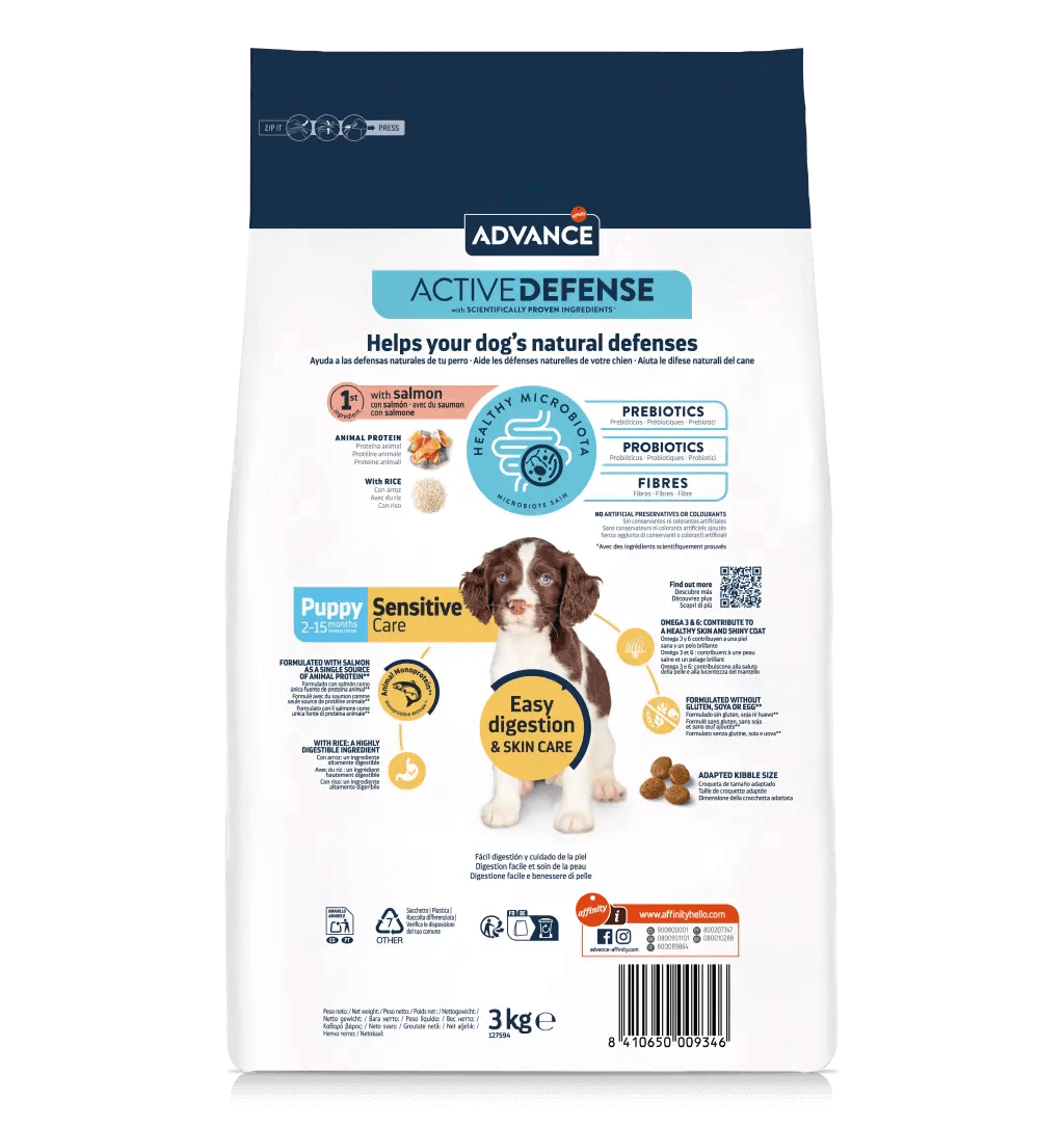 Saco de pienso ADVANCE Puppy Sensitive con salmón y arroz para cachorros.
