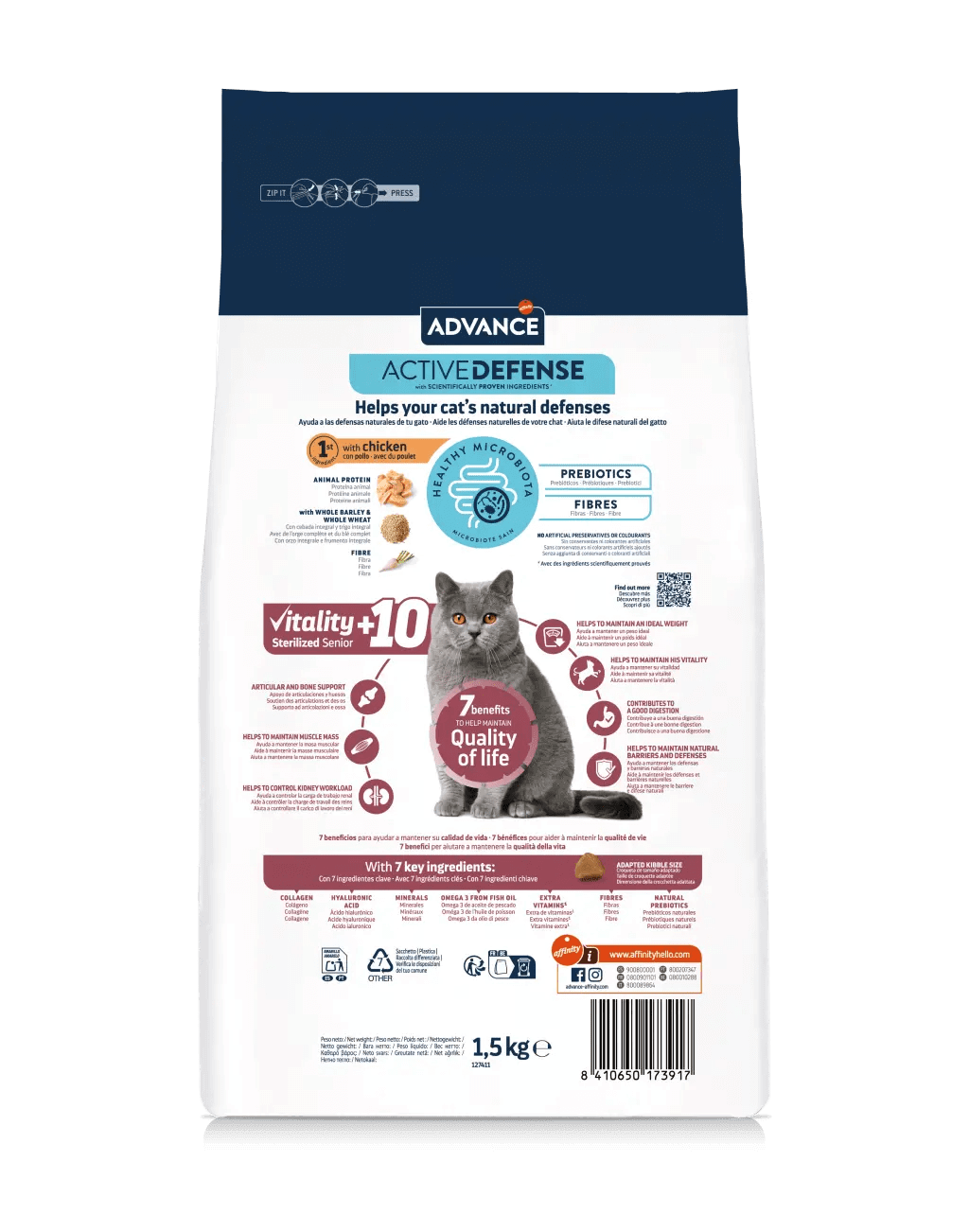 Saco de 1,5 kg de pienso ADVANCE Sterilized Senior +10 para gatos esterilizados mayores de 10 años.