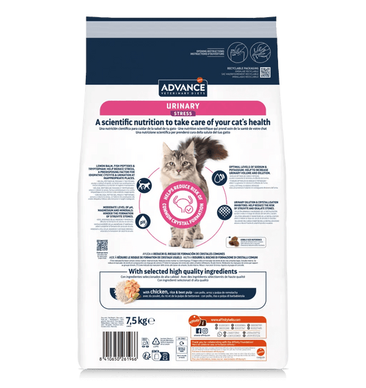 Saco de 1,25 kg de pienso veterinario ADVANCE Vet Urinary Stress para gatos adultos.