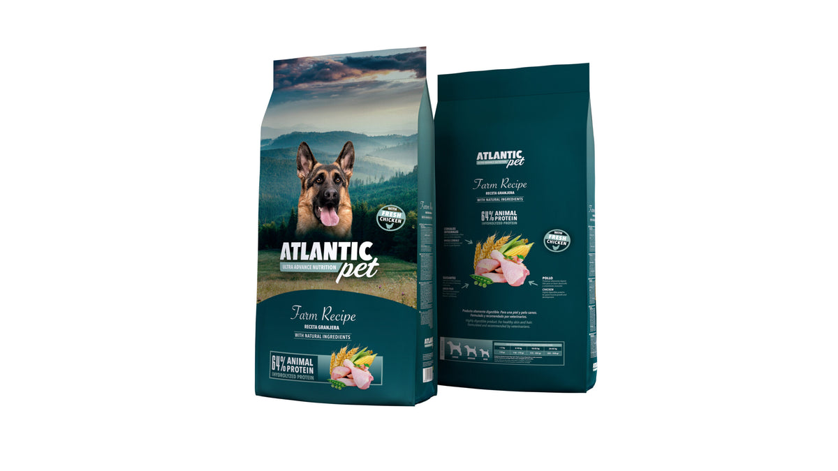 Atlanticpet Receta Pollo Fresco para perros adultos, vista frontal y trasera del envase.