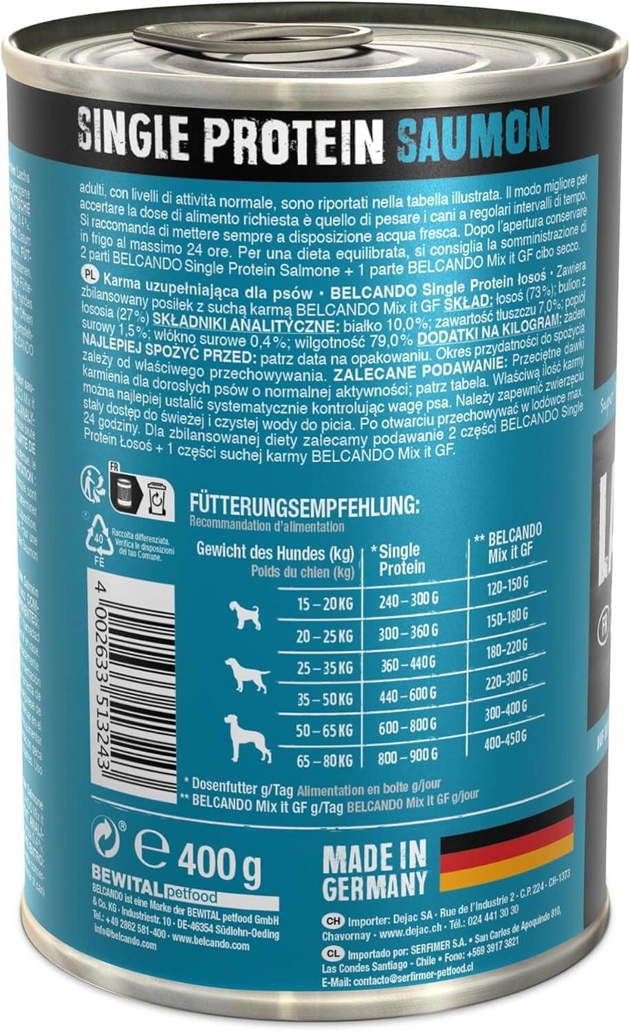 Lata de comida húmeda BELCANDO Single Protein Salmón 400 g para perros adultos con alergias o dietas de eliminación, monoproteica y natural.