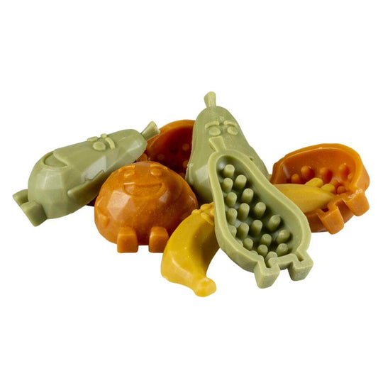 Duvo Garden Bites Fruity Friends, snack vegetariano para perros con batata, plátano, melocotón y pera, sin gluten y beneficios para la higiene dental.
