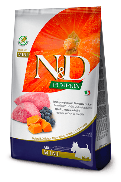 Farmina N&D Pumpkin Cordero & Arándanos Adult Mini, pienso sin cereales para perros adultos de razas pequeñas con cordero, calabaza y arándanos.