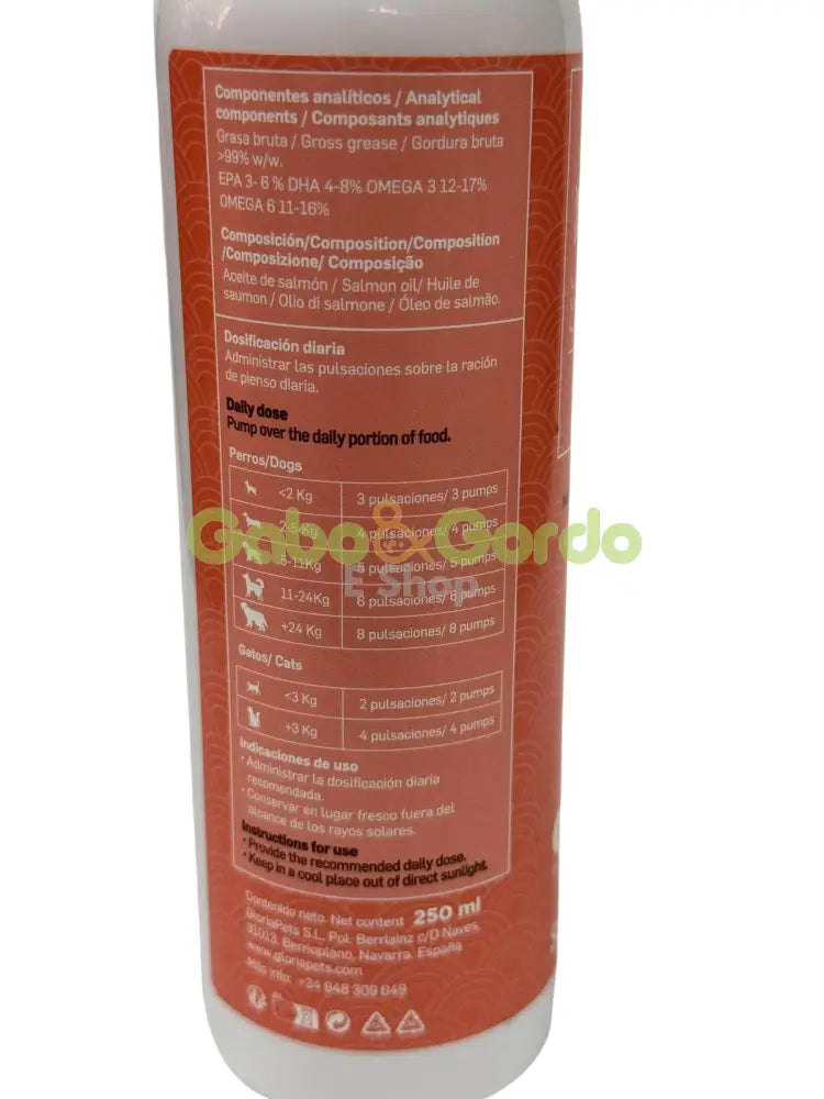 GLORIA aceite de salmón para perros y gatos.   Gabo y Gordo Pet Shop, la mejor tienda online en las Islas Canarias, España, tienda online para mascotas, perros, gatos, conejos, tortugas, animales, accesorios para mascotas en general.