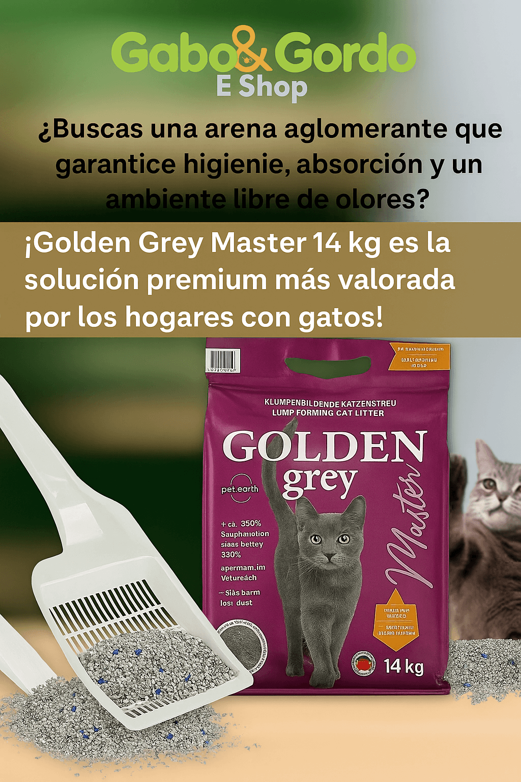 Golden Grey Master arena aglomerante premium para gatos con sílice y aroma a talco