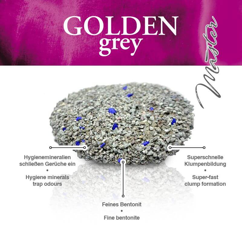 Arena aglomerante para gatos Golden Grey Master con aroma a talco – saco de 14 kg, disponible en Gabo y Gordo E Shop