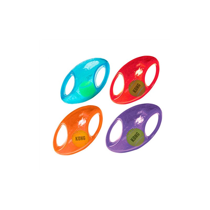 KONG Jumbler Football morado para perros medianos y grandes, juguete resistente con chirrido y asas para juego interactivo, disponible en Gabo y Gordo E Shop.
