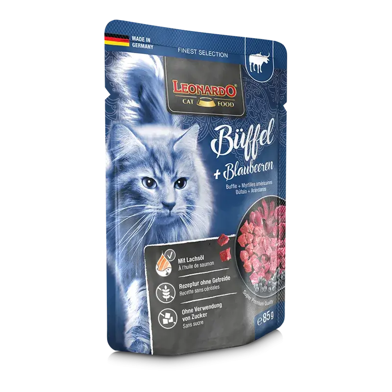 LEONARDO Menu Finest Selection de búfalo y arándanos – comida húmeda sin cereales para gatos adultos