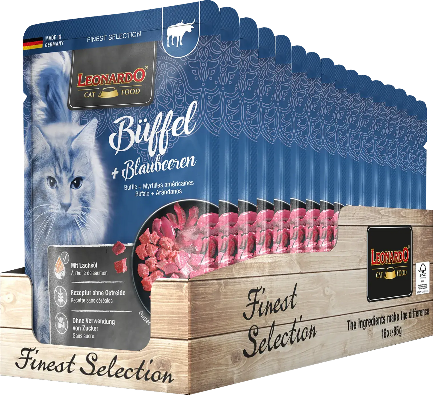 LEONARDO Menu Finest Selection de búfalo y arándanos – comida húmeda sin cereales para gatos adultos