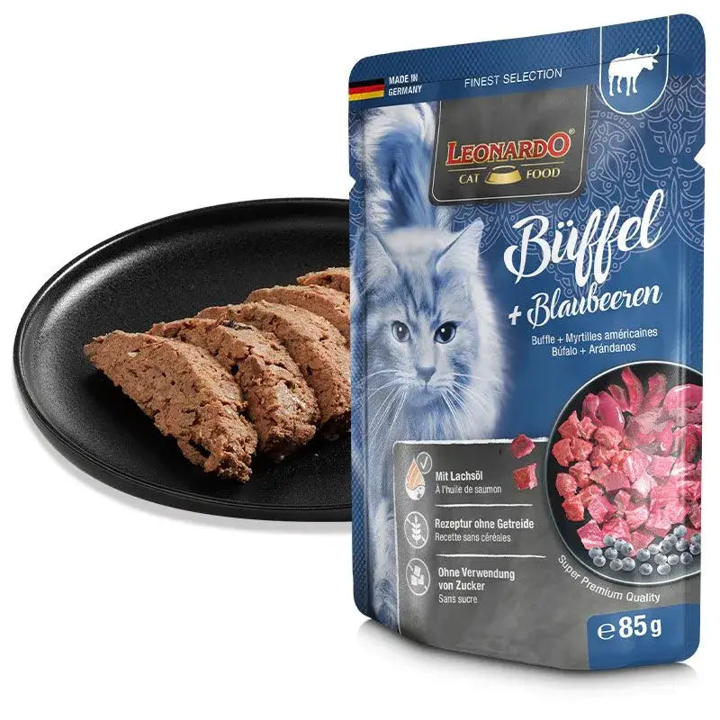LEONARDO Menu Finest Selection de búfalo y arándanos – comida húmeda sin cereales para gatos adultos