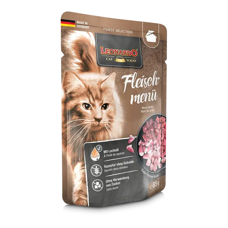 LEONARDO Menu Finest Selection Carne – comida húmeda sin cereales para gatos adultos con pollo, ternera y cordero