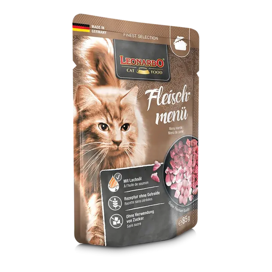 LEONARDO Menu Finest Selection Carne – comida húmeda sin cereales para gatos adultos con pollo, ternera y cordero
