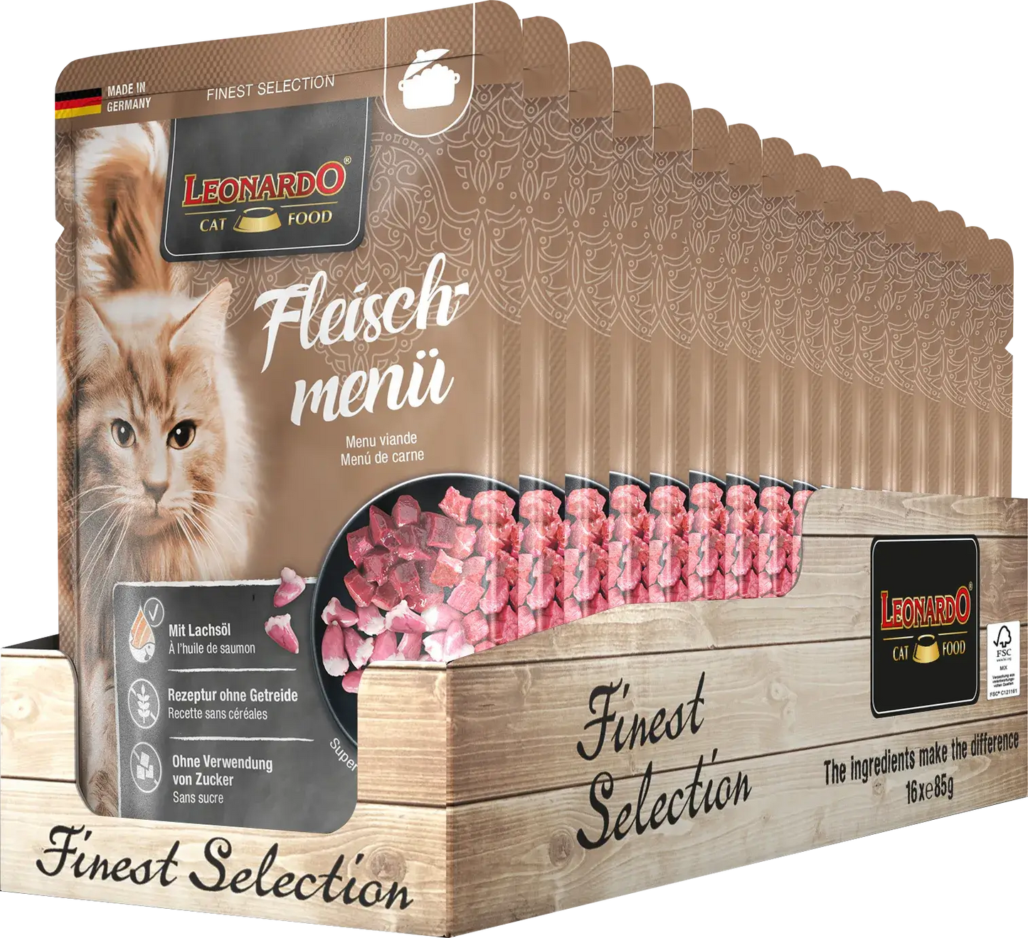LEONARDO Menu Finest Selection Carne – comida húmeda sin cereales para gatos adultos con pollo, ternera y cordero