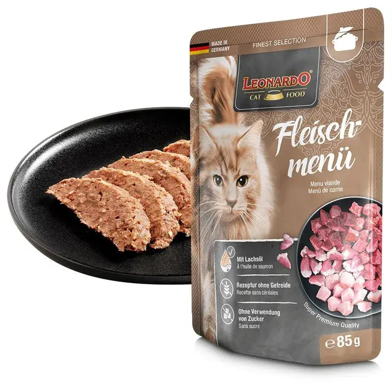 LEONARDO Menu Finest Selection Carne – comida húmeda sin cereales para gatos adultos con pollo, ternera y cordero