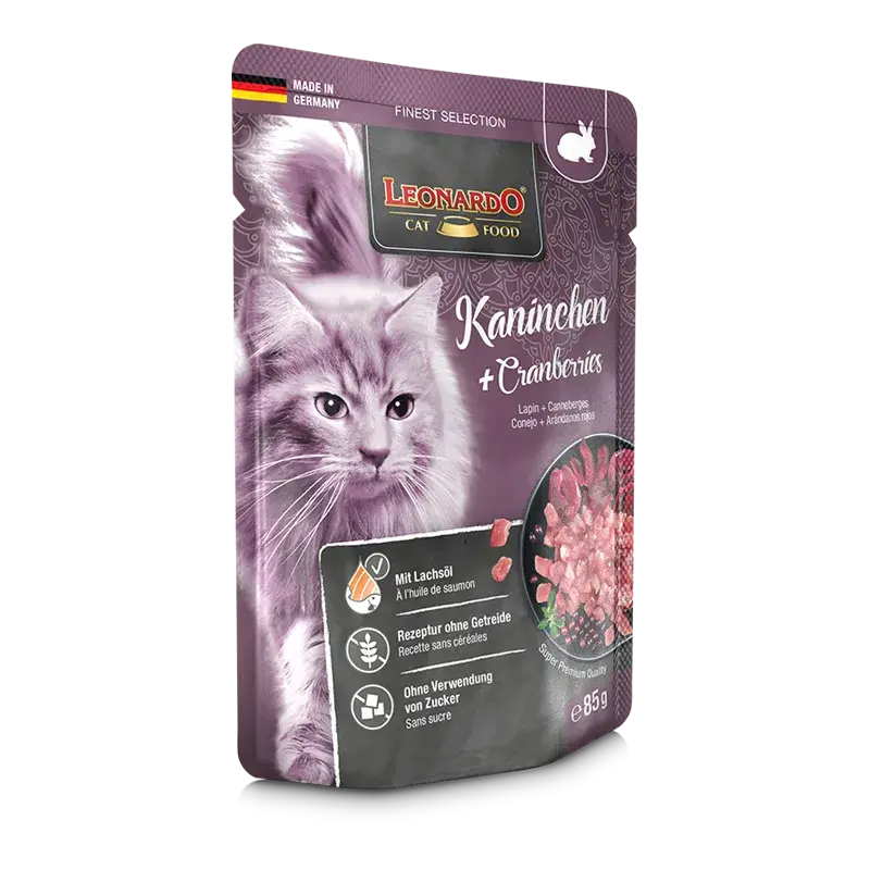 LEONARDO Menu Finest Selection Conejo y Arándanos – Comida húmeda sin cereales para gatos adultos | Pack 16x85g