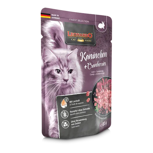 LEONARDO Menu Finest Selection Conejo y Arándanos – Comida húmeda sin cereales para gatos adultos | Pack 16x85g