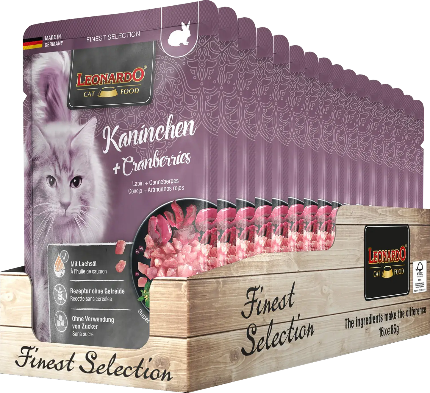 LEONARDO Menu Finest Selection Conejo y Arándanos – Comida húmeda sin cereales para gatos adultos | Pack 16x85g
