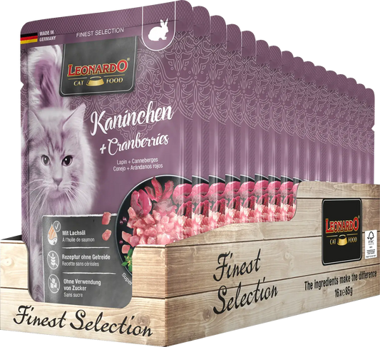 LEONARDO Menu Finest Selection Conejo y Arándanos – Comida húmeda sin cereales para gatos adultos | Pack 16x85g