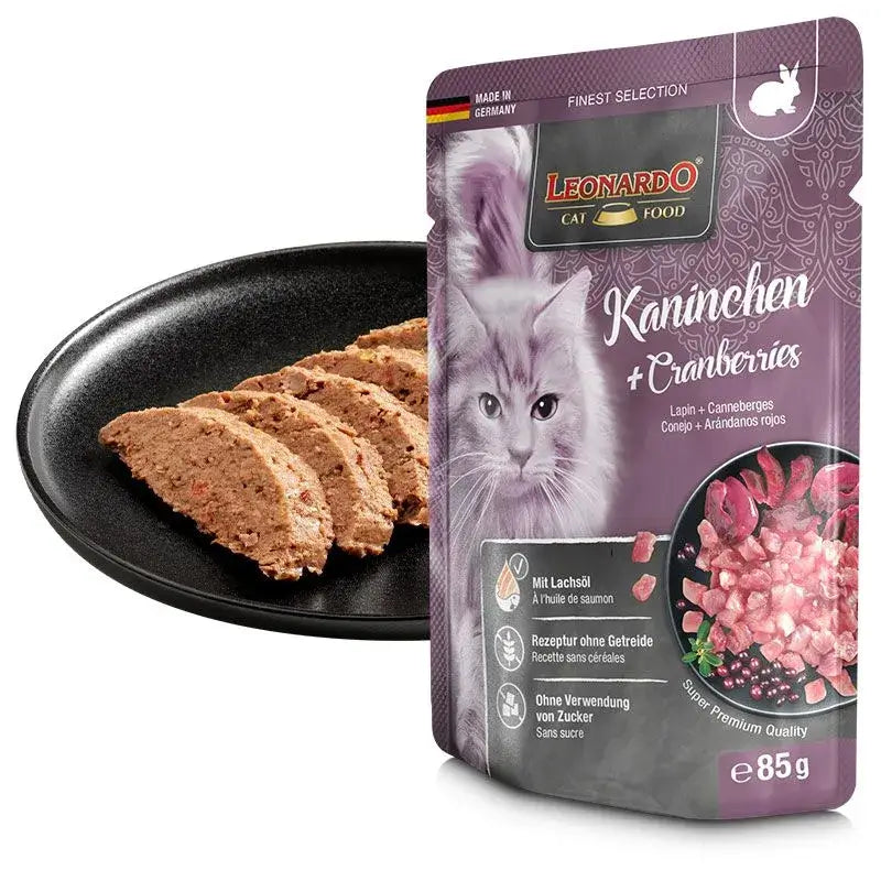 LEONARDO Menu Finest Selection Conejo y Arándanos – Comida húmeda sin cereales para gatos adultos | Pack 16x85g