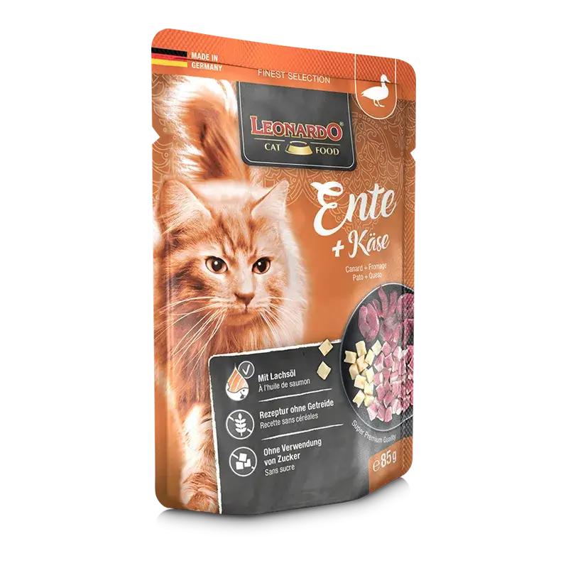 LEONARDO Menu Finest Selection Pato y Queso – comida húmeda sin cereales para gatos adultos con aceite de salmón