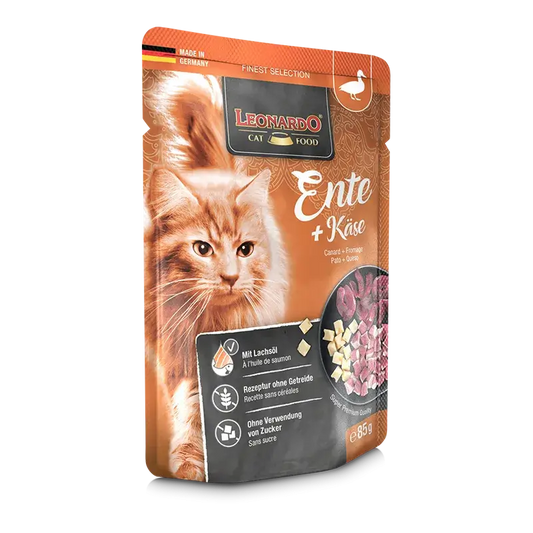 LEONARDO Menu Finest Selection Pato y Queso – comida húmeda sin cereales para gatos adultos con aceite de salmón