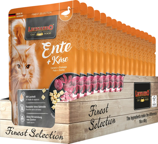 LEONARDO Menu Finest Selection Pato y Queso – comida húmeda sin cereales para gatos adultos con aceite de salmón