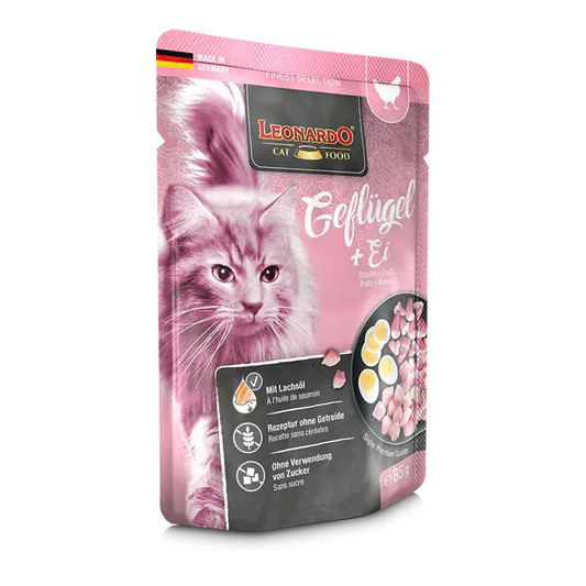 LEONARDO Menu Finest Selection Pollo y Huevo – comida húmeda sin cereales para gatos adultos con aceite de salmón