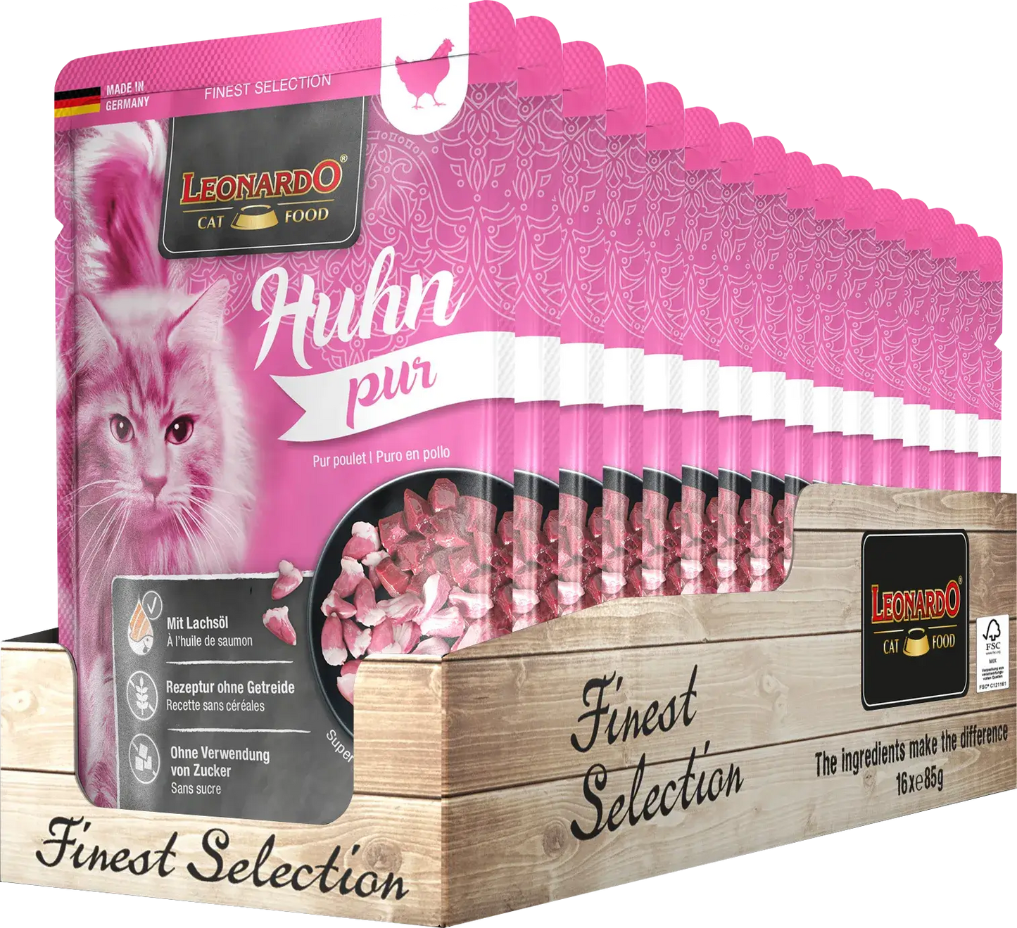 LEONARDO Menu Puro en Pollo – Comida húmeda sin cereales para gatos adultos | Pack 16x85g