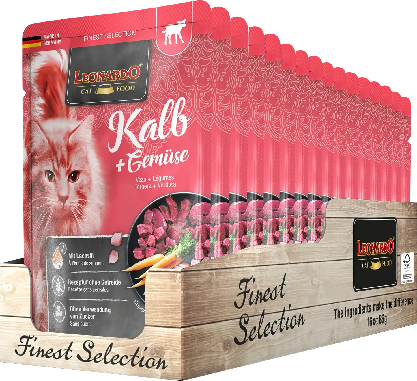 LEONARDO Menu Finest Selection Ternera y Verduras – comida húmeda sin cereales para gatos adultos con zanahorias