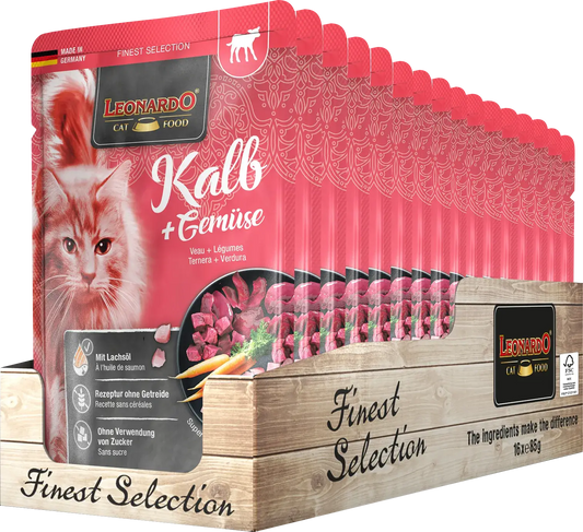 LEONARDO Menu Finest Selection Ternera y Verduras – comida húmeda sin cereales para gatos adultos con zanahorias