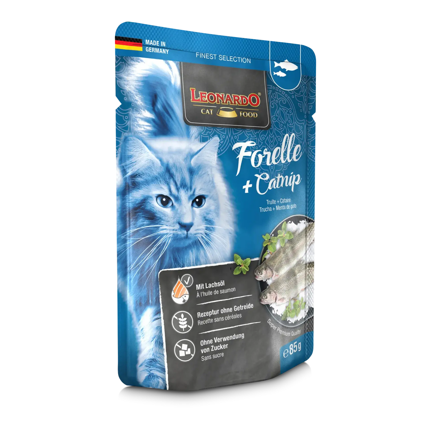 LEONARDO Menu Finest Selection Trucha y Menta Gatuna – comida húmeda para gatos adultos sin cereales ni azúcar