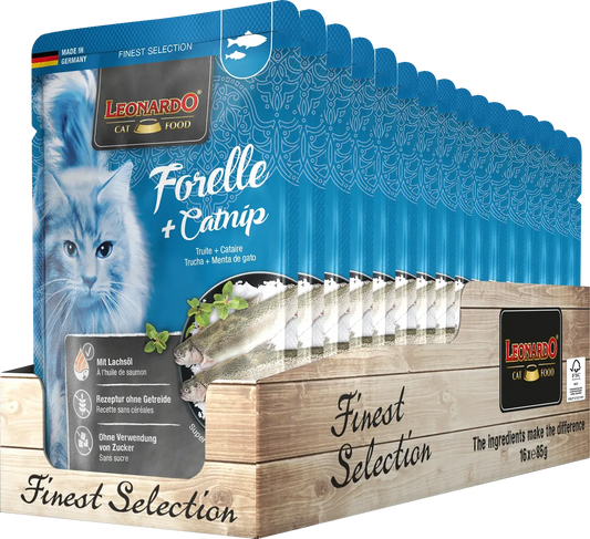 LEONARDO Menu Finest Selection Trucha y Menta Gatuna – comida húmeda para gatos adultos sin cereales ni azúcar