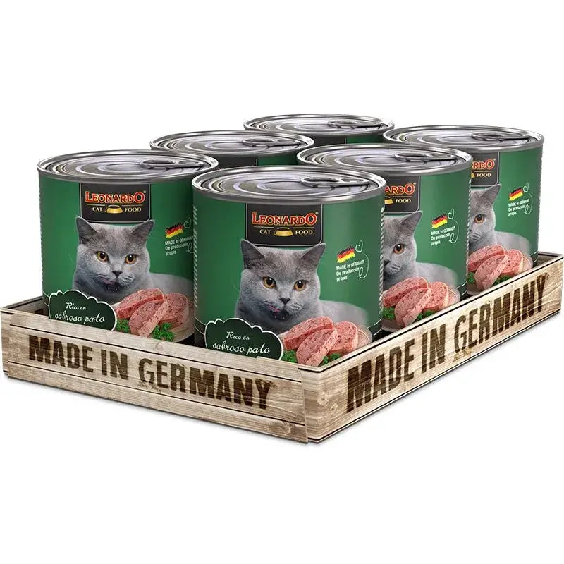 LEONARDO Rico en Sabroso Pato comida húmeda completa sin cereales ni azúcares para gatos adultos en packs de 6 latas