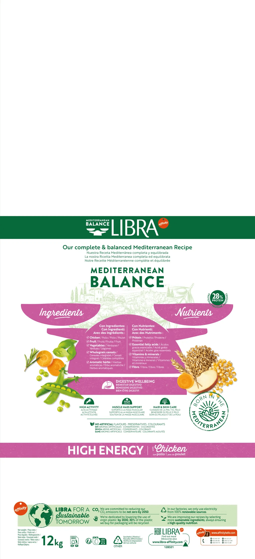 Saco de 12 kg de pienso LIBRA High Energy Chicken con pollo para perros con elevada actividad física.