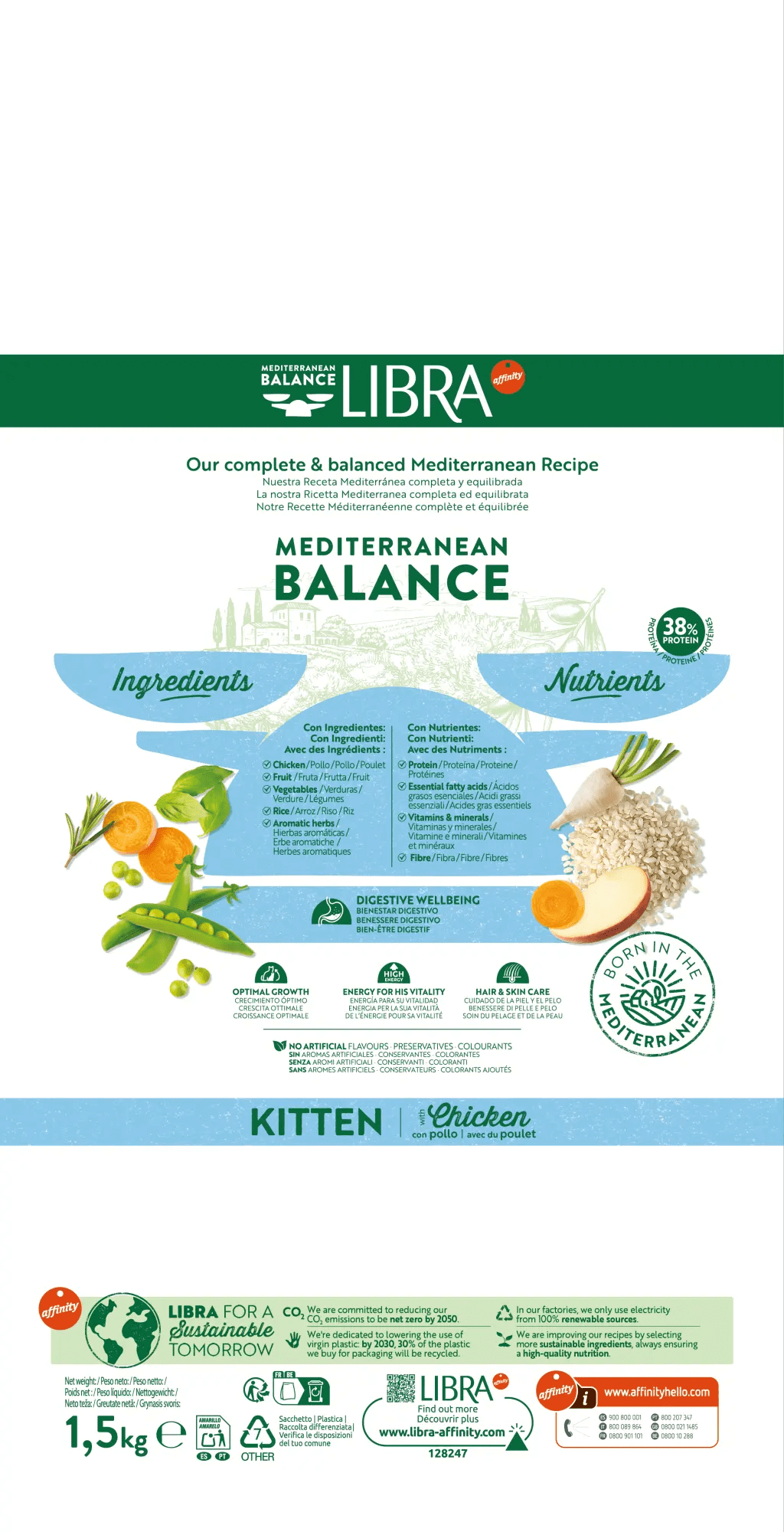 Saco de 1,5 kg de pienso LIBRA Kitten Chicken con pollo para gatitos.