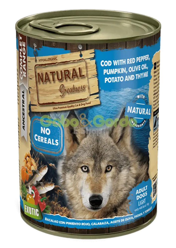 Comida húmeda Natural Greatness bacalao con pimiento rojo sin cereales para perros adultos, pack 12x400 g