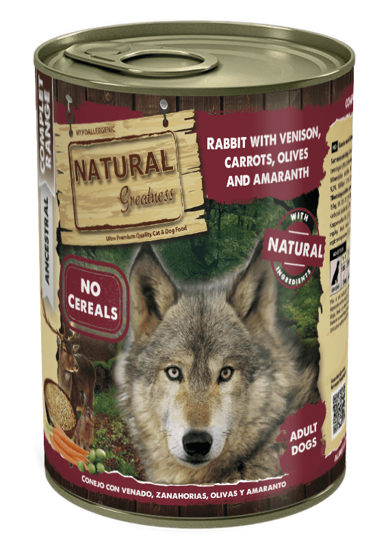 Natural Greatness Conejo y Venado con zanahoria y amaranto | Comida húmeda sin cereales para perros adultos